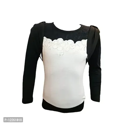 Truffles Girls White  Black Full Sleeve Round Neck Cotton Hosiery Fabric Self Design Sequence Tops