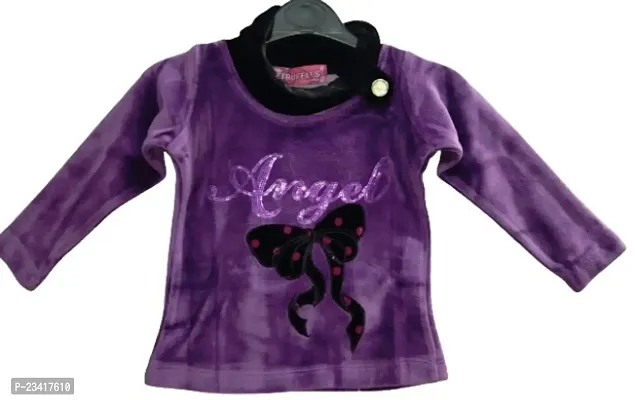 Truffles Girls Purple  Black Full Sleeve Embellished Print Velvet Fabric Straight Tops-thumb0