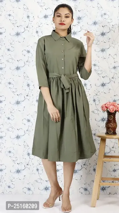 Women fancy olive color crepe material knee length shirt collar with three quarter sleeve western dress // trendy dress for women// fancy western dress// knee length western dress for women//olive we