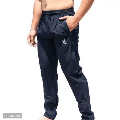 Stylish Navy Blue Polyester Solid Regular Track Pants For Men-thumb0