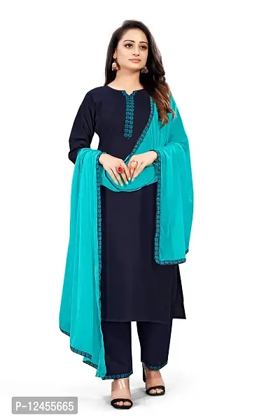 Stylish Blue Cotton Kurta Bottom and Dupatta Set For Women-thumb0