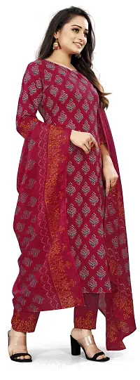 Stylish Red Printed Cotton Kurta Pant With Dupatta for Women-thumb3