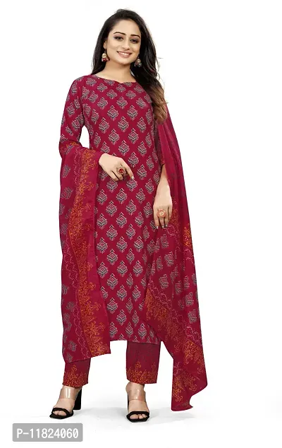 Stylish Red Printed Cotton Kurta Pant With Dupatta for Women-thumb0