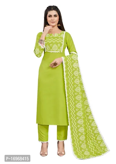 Stylish Green Cotton Printed Kurta Pant With Dupatta Set For Women-thumb0