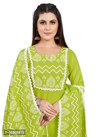 Stylish Green Cotton Printed Kurta Pant With Dupatta Set For Women-thumb3