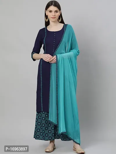 Opera Designer A-Line Blue Solid Kurta , Dupatta  Bottom Set