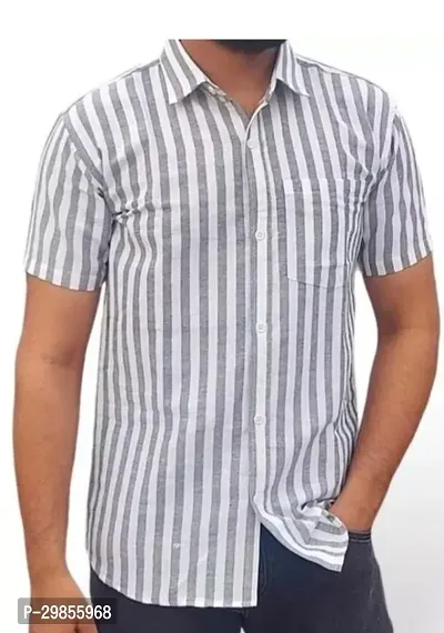 Reliable Grey Khadi Cotton Striped Short Sleeves Casual Shirt For Men-thumb0