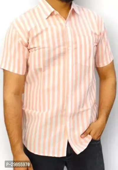 Reliable Peach Khadi Cotton Striped Short Sleeves Casual Shirt For Men-thumb0