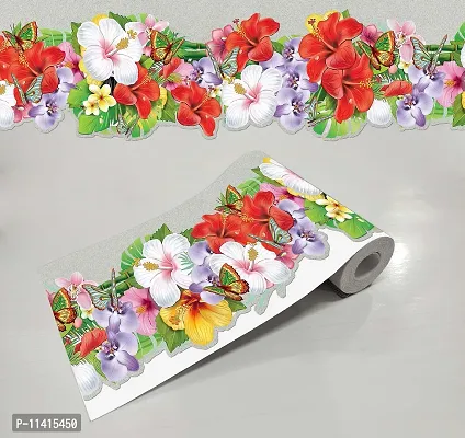 WallDesign Orchid Hibiscus Flowers with Butterflies Print & Cut Border Sticker for Ceiling Roof Edge Decoration of Bedroom, Hall, Kitchen - 5.25 Inch Width x 10 Feet Length