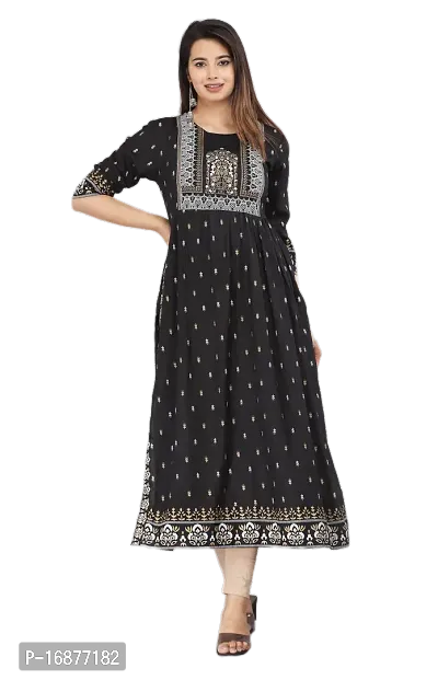 Fashion Viscose Rayon Printed Black Naira Cut Kurta-thumb0