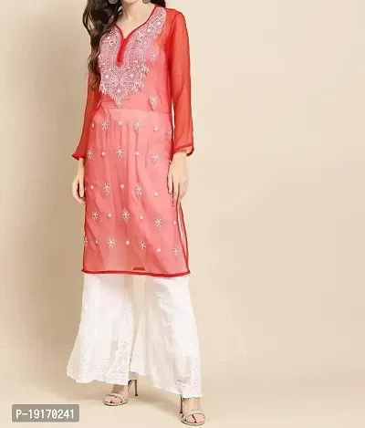 NABA Lucknowi Embroidered Georgette Kurti(Red)-thumb0