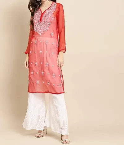 NABA Lucknowi Embroidered Georgette Kurti(Red)