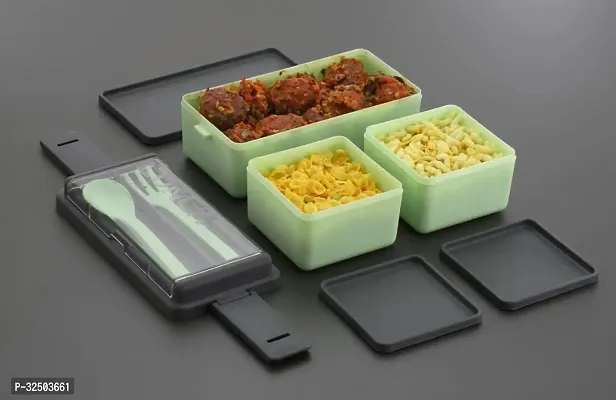 Rectangular Classy 3 Section Lunch Box with 1 Spoon (Pack of 2)-thumb5