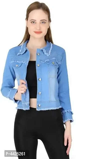 Blue Denim Washed Jackets   Waistcoats For Women-thumb0