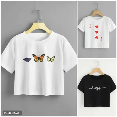 Stylish Cotton Blend Graphic Printed Crop Top For Women Combo Pack Of 3