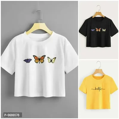 Stylish Cotton Blend Graphic Printed Crop Top For Women Combo Pack Of 3