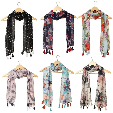 Stylish Printed Chiffon Stoles For Women - Pack Of 6