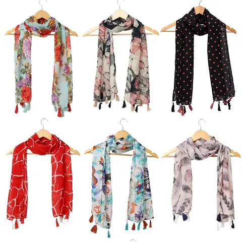 Stylish Printed Chiffon Stoles For Women - Pack Of 6