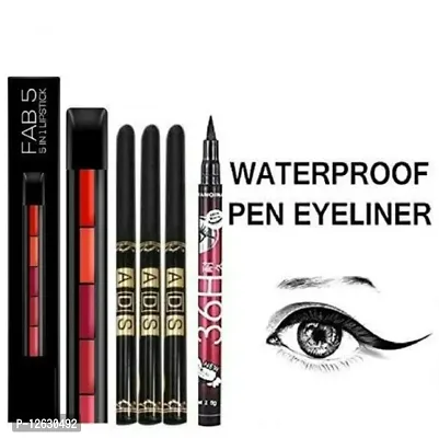 36H Long Lasting Eyeliner Pack of 1 With ADS Black Kajal 3p with 5 Shades Of Lipstick Matte Longlasting Crayon Lipstick Smudgeproof  Waterproof 10 gm
