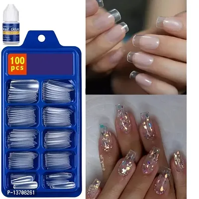 Transparent Nails, 100 Reusable Artificial Fake Nail Set | Lightweight, Long-lasting, Easy To Use, Apply  Remove | Quick Fix For Festivals  Special Occasions-thumb0