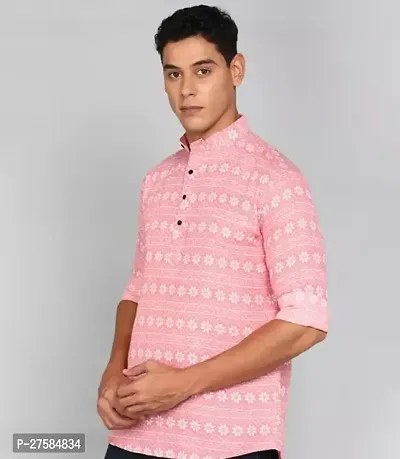 Reliable Pink Cotton Blend Printed Short Length Kurta For Men