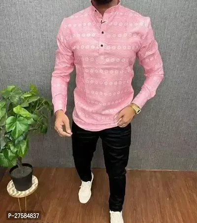 Reliable Pink Cotton Blend Printed Short Length Kurta For Men
