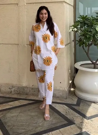 Trendy White Viscose Rayon Printed Co-Ords Set For Women