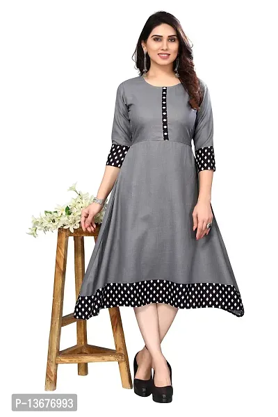 Ld Fashion Plain & Solid Cotton Printed Border Anarkali Kurti Kurta for Women (L, Grey)-thumb0