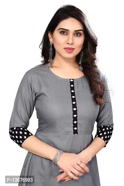 Ld Fashion Plain & Solid Cotton Printed Border Anarkali Kurti Kurta for Women (L, Grey)-thumb3