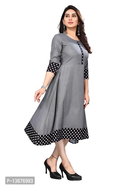 Ld Fashion Plain & Solid Cotton Printed Border Anarkali Kurti Kurta for Women (L, Grey)-thumb4