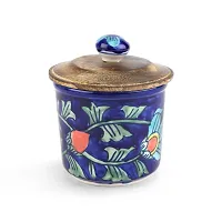 KITTENS Airtight Ceramic Jar With Wooden Lid - Handpainted in attractive blue pattern.-thumb2