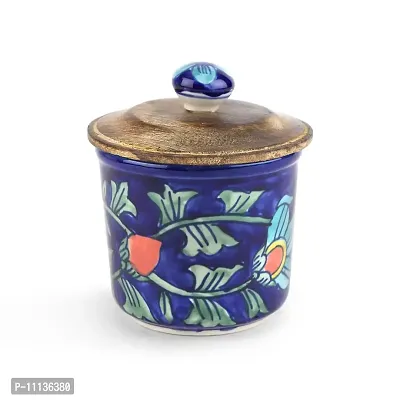 KITTENS Airtight Ceramic Jar With Wooden Lid - Handpainted in attractive blue pattern.-thumb3