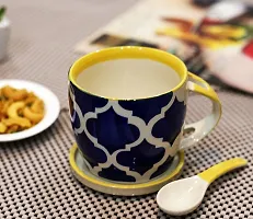 KITTENS Floral Blue Hand Painted 300 ml Coffee Mug with Matching Ceramic Coaster Cum Lid & Spoon-thumb1