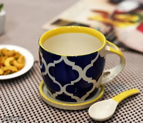 KITTENS Floral Blue Hand Painted 300 ml Coffee Mug with Matching Ceramic Coaster Cum Lid & Spoon-thumb2