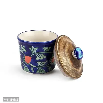 KITTENS Airtight Ceramic Jar With Wooden Lid - Handpainted in attractive blue pattern.-thumb4