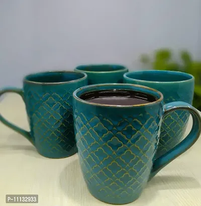 KITTENS 320 ml Large Coffee Mugs - Set of 6 - in Embossed Pattern - Green Color.-thumb2