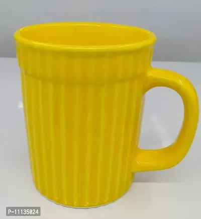 KITTENS Large 320 ml Set of 2 Coffee Mugs with Embossed Stripe Pattern in Yellow & Green Color Combination.-thumb4