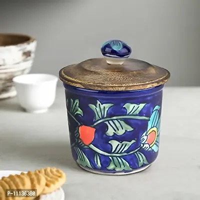 KITTENS Airtight Ceramic Jar With Wooden Lid - Handpainted in attractive blue pattern.