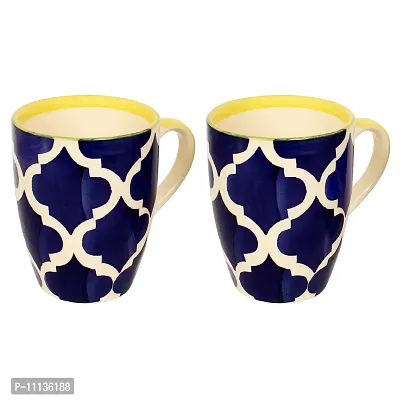 Kittens Large Coffee Mugs Handpainted in Blue & Yellow Floral Pattern - Set of 2