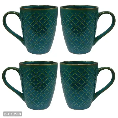 KITTENS 320 ml Large Coffee Mugs - Set of 6 - in Embossed Pattern - Green Color.