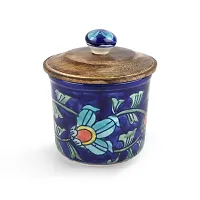 KITTENS Airtight Ceramic Jar With Wooden Lid - Handpainted in attractive blue pattern.-thumb1