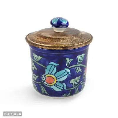 KITTENS Airtight Ceramic Jar With Wooden Lid - Handpainted in attractive blue pattern.-thumb2