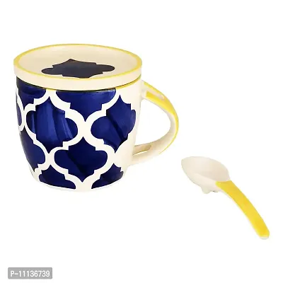 KITTENS Floral Blue Hand Painted 300 ml Coffee Mug with Matching Ceramic Coaster Cum Lid & Spoon