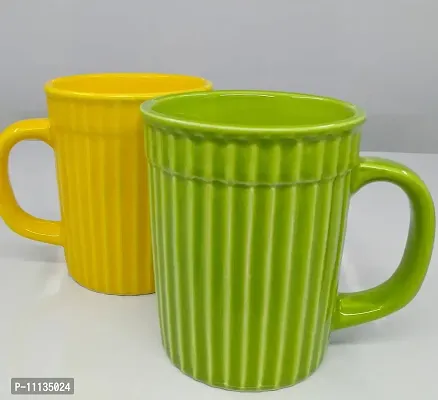 KITTENS Large 320 ml Set of 2 Coffee Mugs with Embossed Stripe Pattern in Yellow & Green Color Combination.