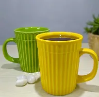 KITTENS Large 320 ml Set of 2 Coffee Mugs with Embossed Stripe Pattern in Yellow & Green Color Combination.-thumb1