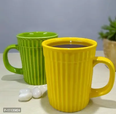 KITTENS Large 320 ml Set of 2 Coffee Mugs with Embossed Stripe Pattern in Yellow & Green Color Combination.-thumb2