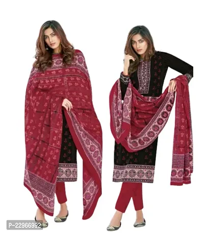 Elegant Black Cotton  Dress Material with Dupatta For Women