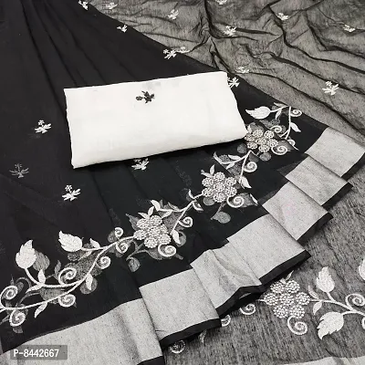 Elegant Chanderi Cotton Silk Black Embroidered Saree With Separate Blouse Piece For Women-thumb0