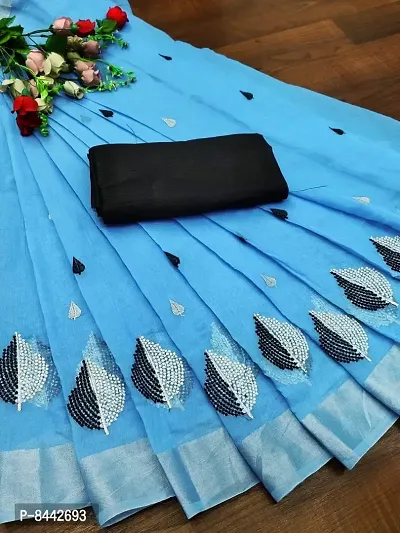 Elegant Cotton Silk Aqua Blue Zari Embroidered Saree With Separate Blouse Piece For Women