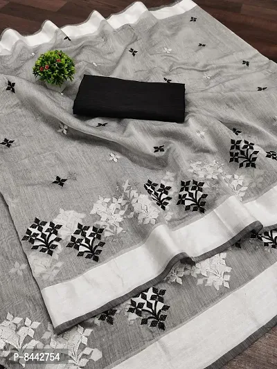 Elegant Chanderi Cotton Grey Embroidered Saree With Separate Blouse Piece For Women-thumb0